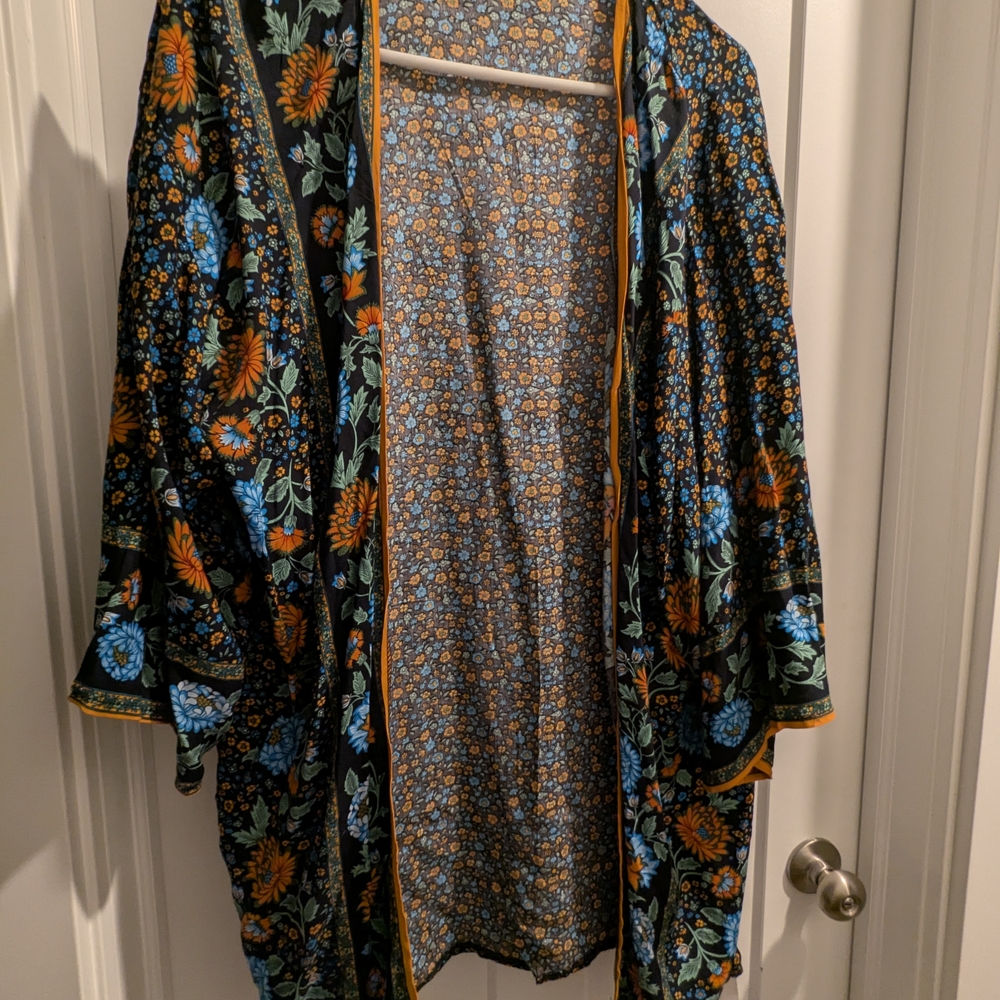 Floral Kimono with Blue and Orange Accents